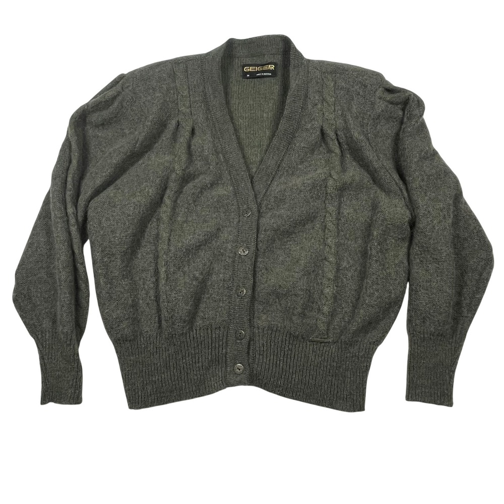 Geiger Wool Mohair Blend Cardigan Womens 38 Olive Green Puffed Shoulder *Flaw